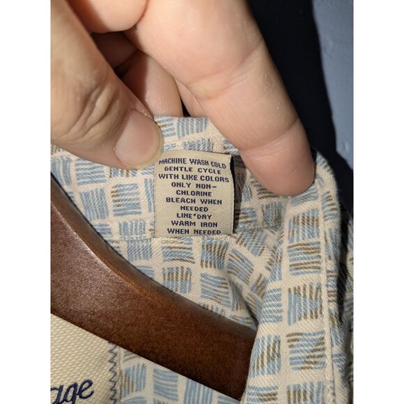 Silk Mens XL Short Sleeve Button-Up Shirt Beige Blue Retro Pattern Vintage - Picture 5 of 7